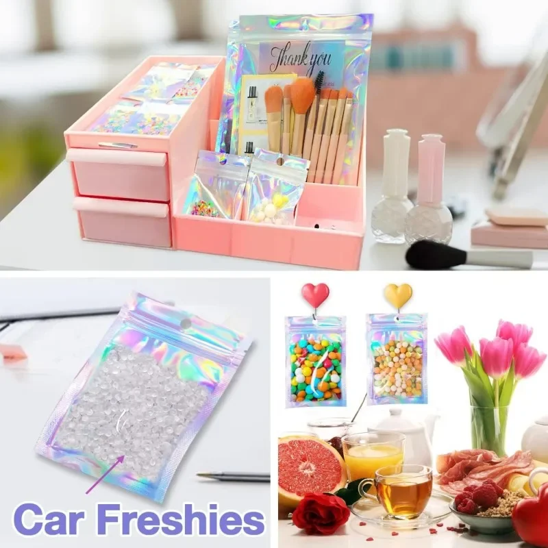 100/10PCS Iridescent Self-Sealing Bag Plastic Waterproof Laser Holographic Clear Storage Bag Makeup Jewelry Zipper Packing Pouch