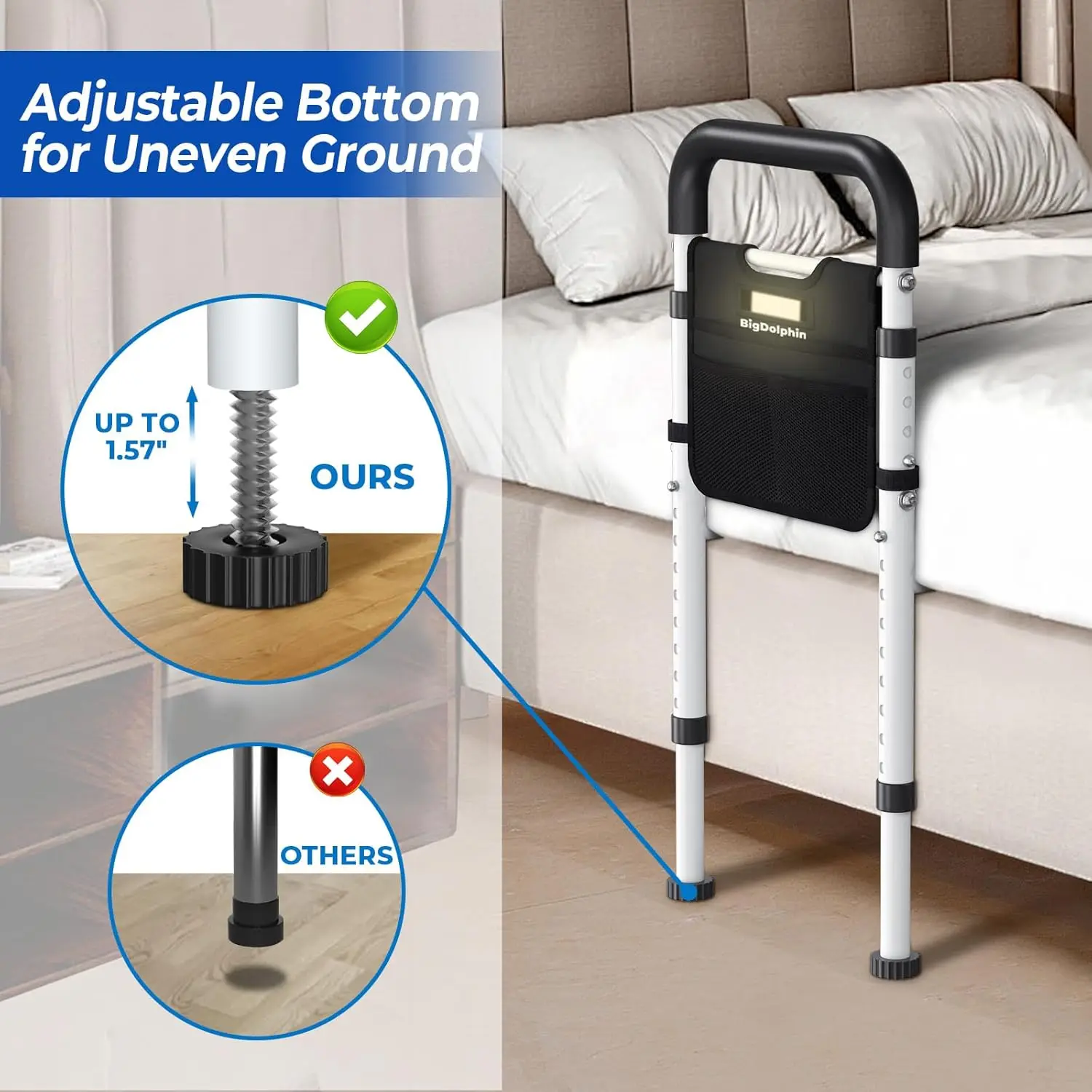 Adjustable Bed Rail with Motion Sensor Light, Non-Slip Handle & Storage Pocket, 350LBS Support for Seniors, Tool-Free Setup