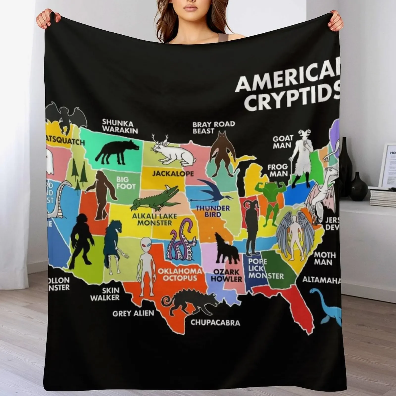 

Map Of Cryptids In The US Throw Blanket Soft Plush Blanket as Housewarming Gift