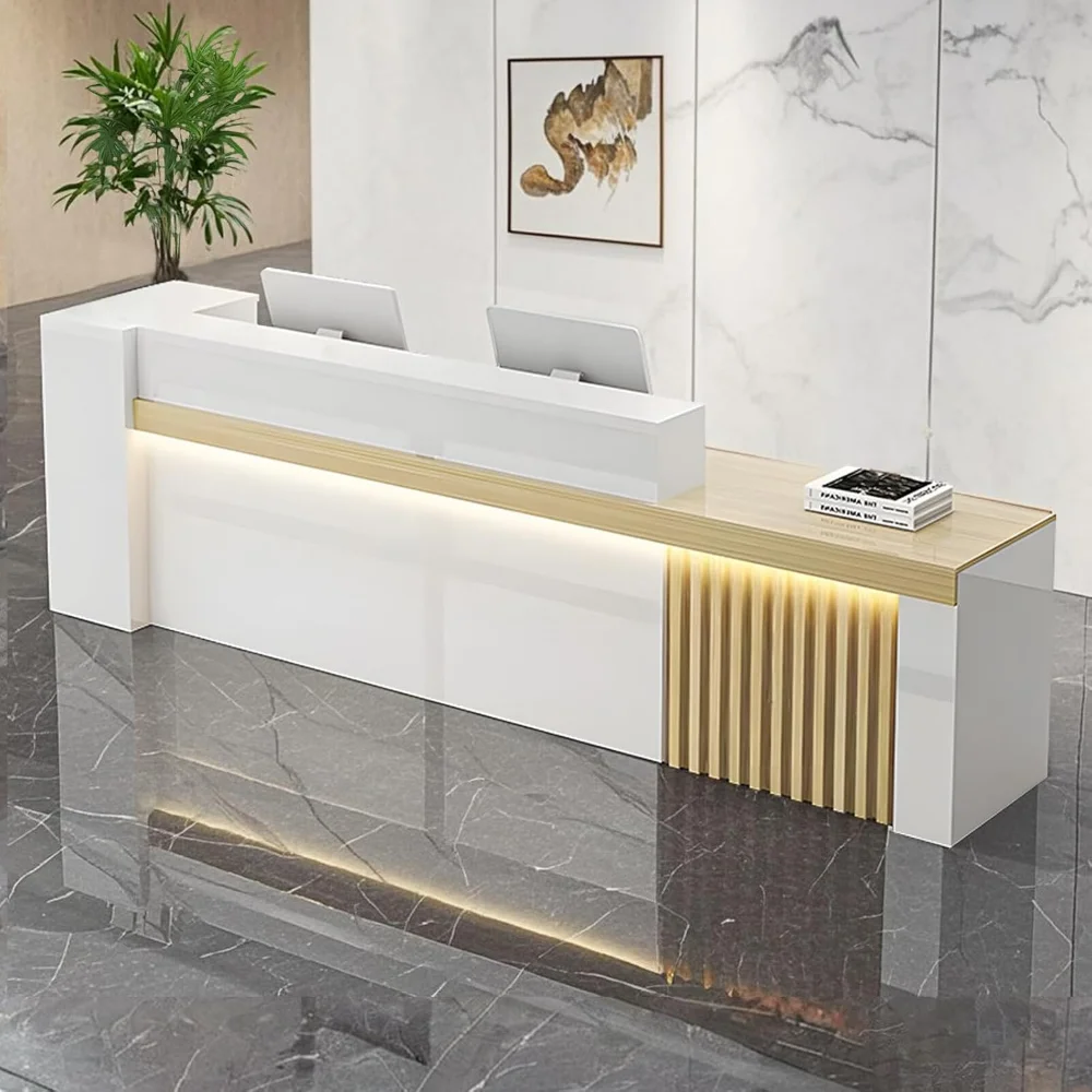

Reception Desk, Front Desk Reception Counter with Shelf & Lockable Drawers,Reception Table with Private Panels for Office