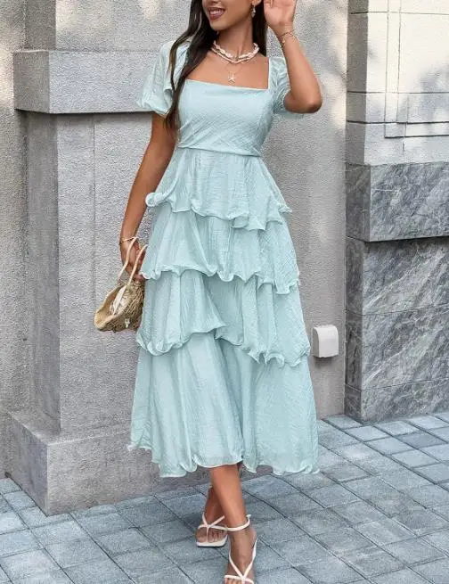 Vestidos Femininos 2026 Primavera Verão Novo Vestido Longo Casual de Cor Sólida com Decote Quadrado, Manga Bufante, Cintura Alta e Costas Abertas em Camadas