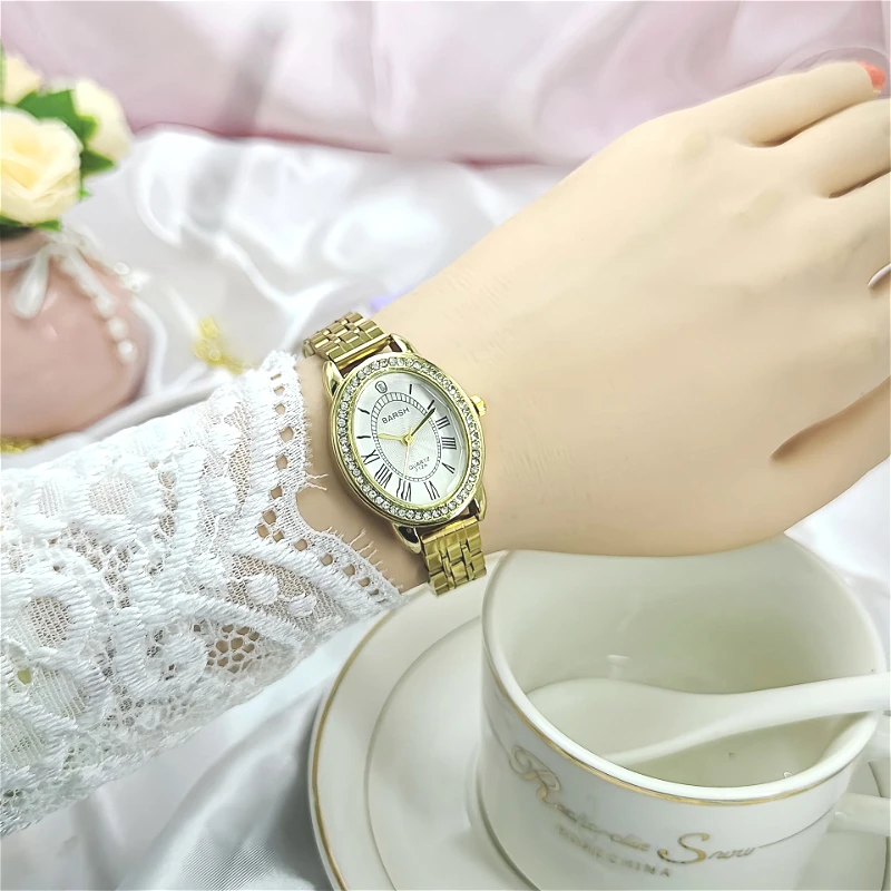 أزياء المرأة العلامة التجارية الماس رصع الرومانية الحرفية كوارتز ساعة فاخرة الفولاذ المقاوم للصدأ حزام ساعة اليد السيدات ساعة حائط هدية Montre