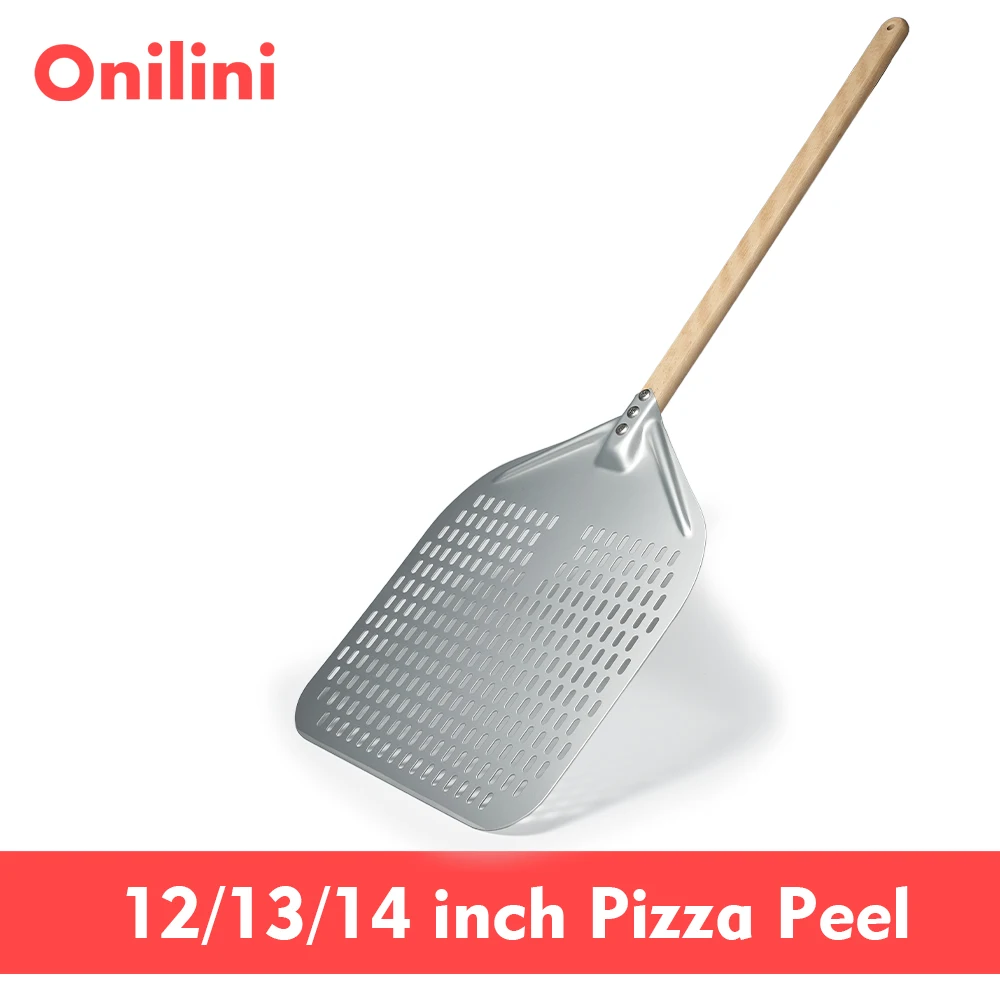 Onilini 12/13/14 inch Pizza Peel Perforated Pizzas Shovel Retangular Anodized Pizza Paddle with Wood Handle Pizza Accessories