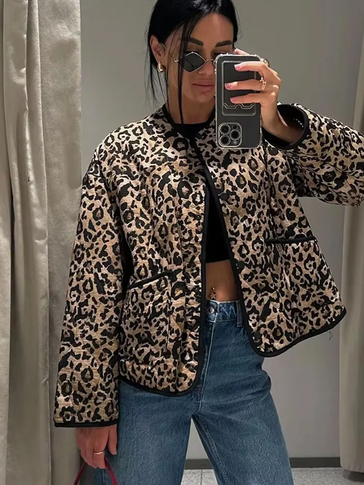 HH 2024 Casual Leopard Print Cotton Coats For Women Autumn Single-Breasted Pockets Long Sleeves O Neck Street Fashion Jacket