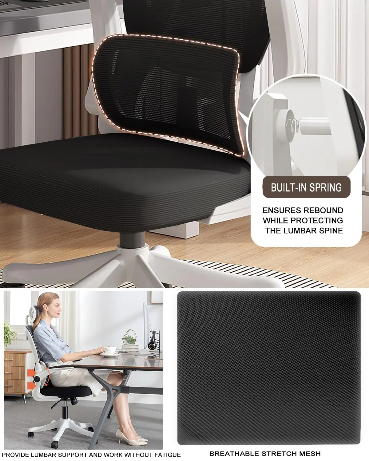 Home Office Chair Work Swivel Chairs with Wheels, Breathable Mesh Back Gaming Chair Adjustable Headrest image 3