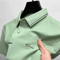 Summer High end Ice Silk Polo Shirt Short Sleeve Men Cool Breathable lapel T-shirt Luxury Brand Fashion Embroidery Casual Top