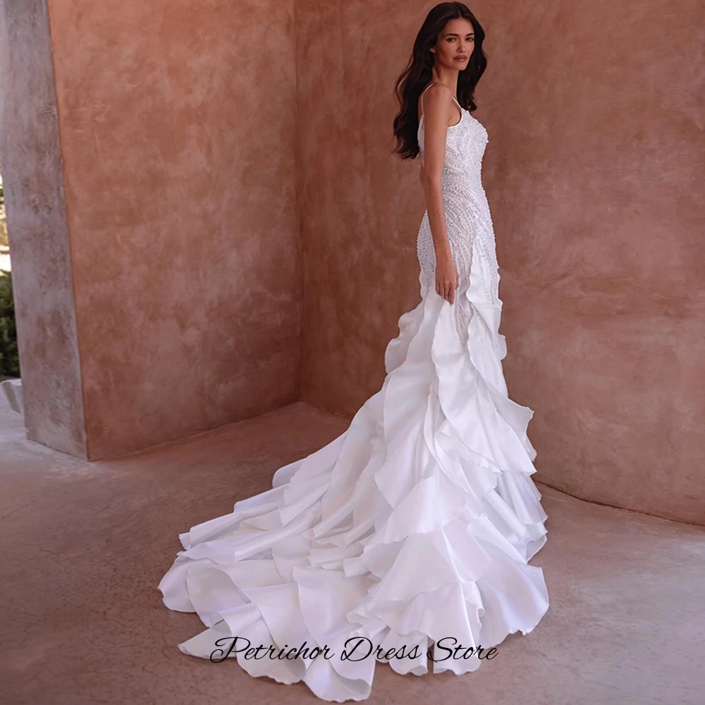 Charming Ruffles Organza Vestido De Novia Spaghetti Straps Mermaid Bridal Gowns Customized Exquisite Pearls Wedding Dress image 2