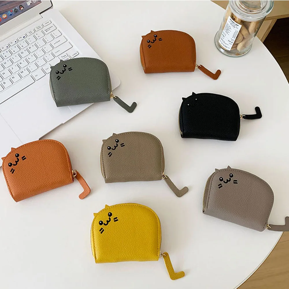 Cute Cat Card Bag Mini Zipper Wallet Girl PU Leather Coin Purse Portable Small Card Holder Student Cartoon Coin Pouch Clutch