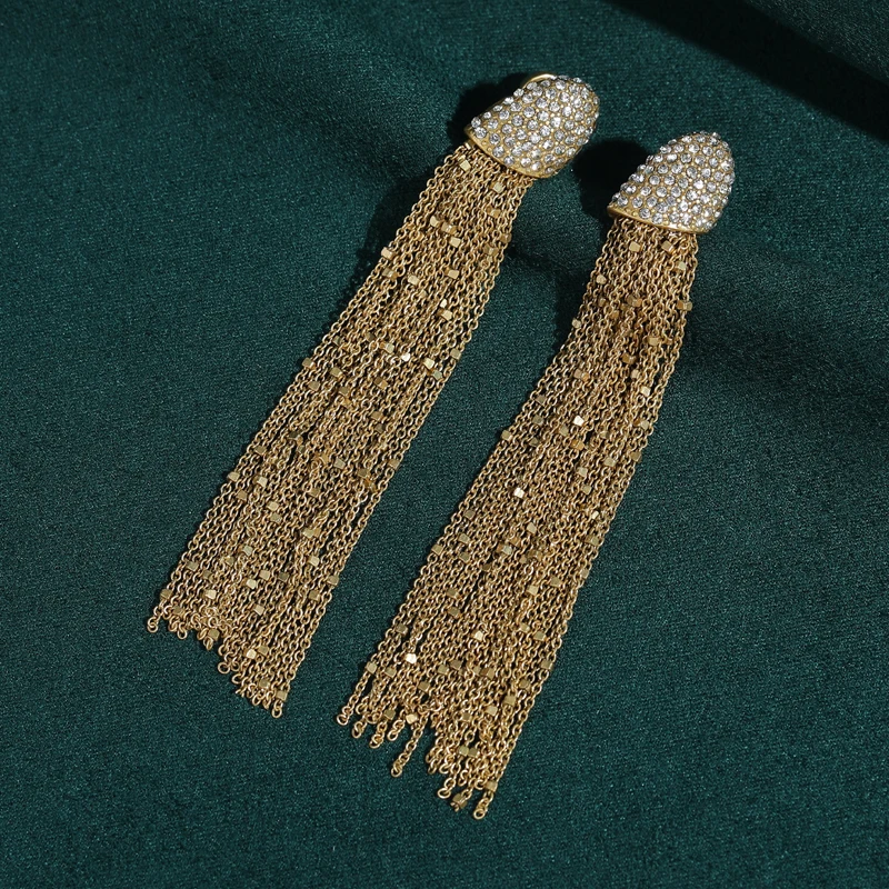

Vintage Large Rhinestone Long Tassel Drop Earrings Jewelry Antique Gold Color Chain Luxury Chinese Classic Jewelry Women 2026
