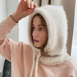 Korean Ins Y2k Rabbit Fur Balaclava Beanies Hat for Women Winter Warm Scarf and Neck Protection with Drawstring Knitted Hat