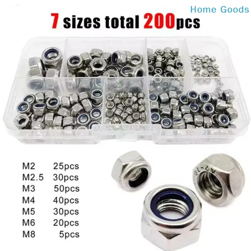 200pcs Hex Nylon Insert Self Lock Nut Nylock Locknut Assortment Kit Set M2 M2.5 M3 M4 M5 M6 M8 304 A2-70 Stainless Steelproduct