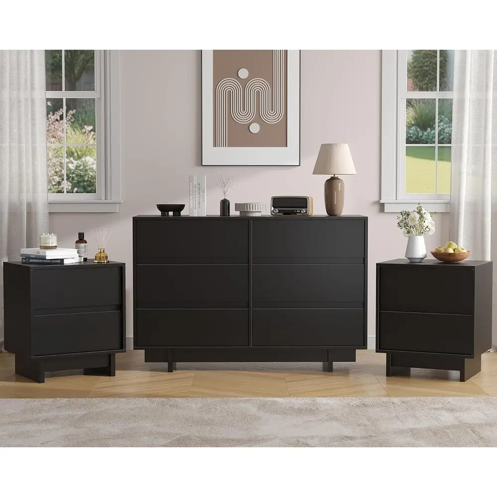 

Mid-Century Modern 3-Piece Black Bedroom Set: 6-Drawer Dresser & 2 Nightstands