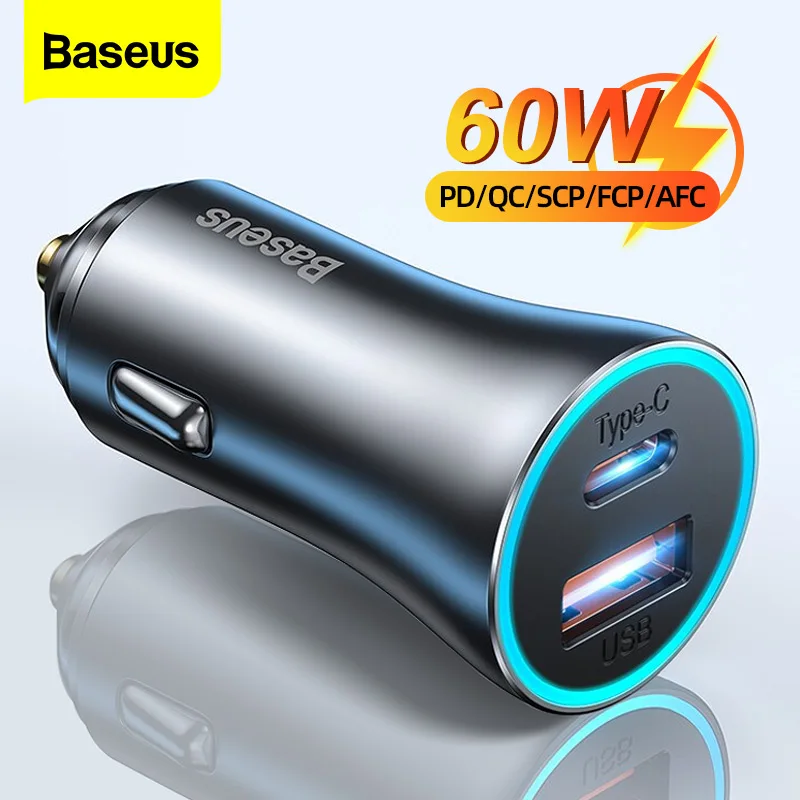 Baseus 60W Metal USB Type C Car Charger Quick Charge SCP AFC QC 4.0 PD 27W USBC Phone Charger For iPhone Xiaomi Huawei Samsung