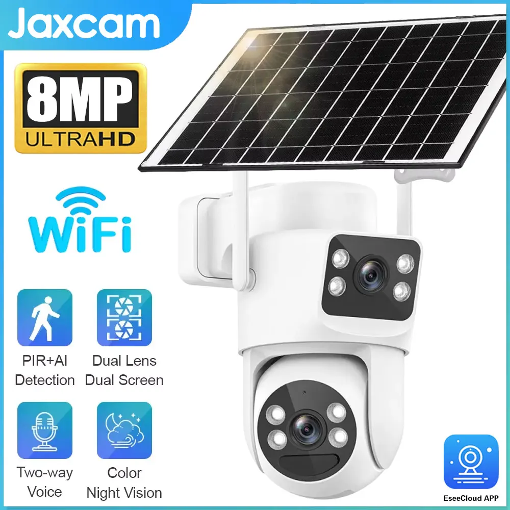 

Встроенная батарея 8MP 4K Wi-Fi двойной объектив уличная водонепроницаемая камера IP66 PIR обнаружения человека с зарядкой солнечной панели PTZ