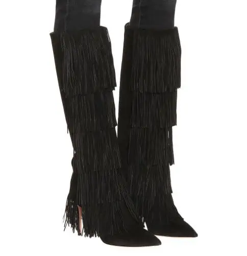 Spring Black Suede Pointed Toe Knee High Tassel Boots Woman Fashion Slip On Five Layers Fringed Stiletto Heels Shoes Lady