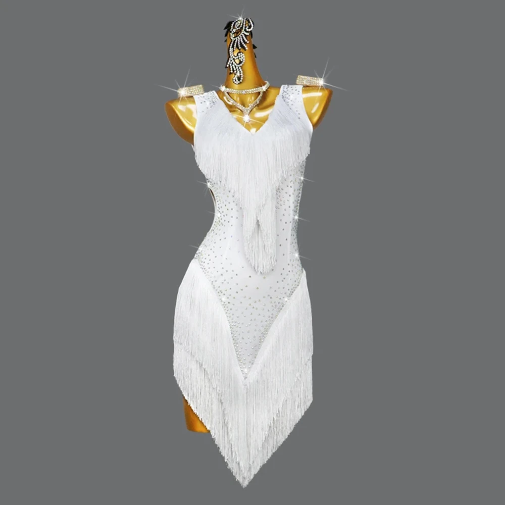 Latin Dance Kleidung Bühnenkostüme Damen Kleid Ballsaal Praxis Sexy Prom Outfit Mädchen Quaste Weiße Röcke Party eleganter Anzug