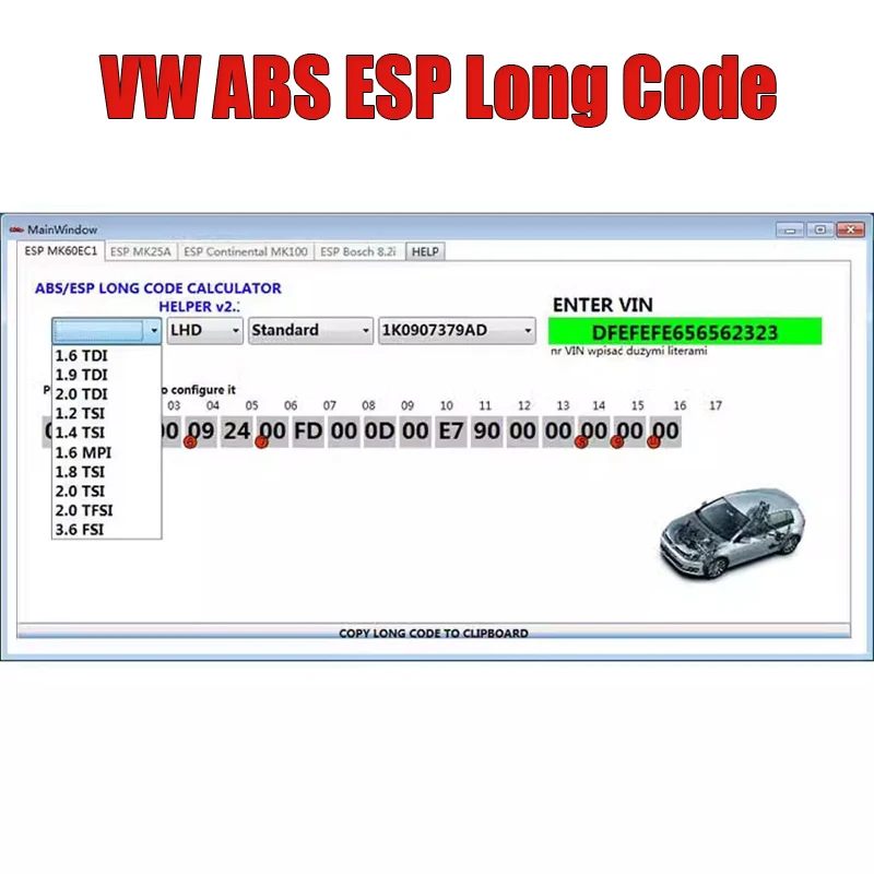 Newest for VW ABS ESP Long Encoding Calculator ESP PUMP  MK60EC1 Long code calculator