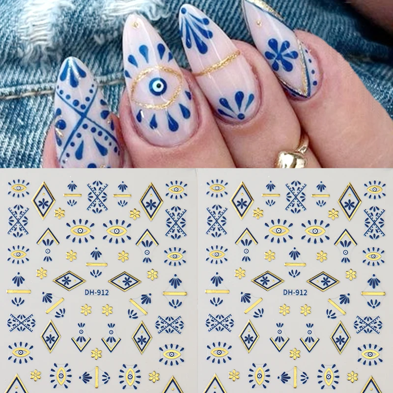 2 stuks Boheemse nagelstickers bronzing blauwe totem boze oog ontwerpen gouden lijn retro patronen zelfklevende stickers sliders decoratie