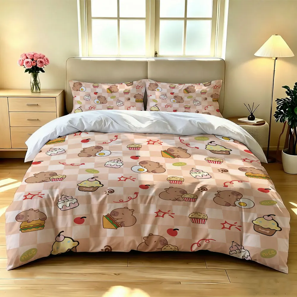 3pcs Cute Little Animals Pink Plaid Print Duvet Cover Set Soft Microfiber Bedding Set with Pillowcases Kids Bedroom Decor Gift
