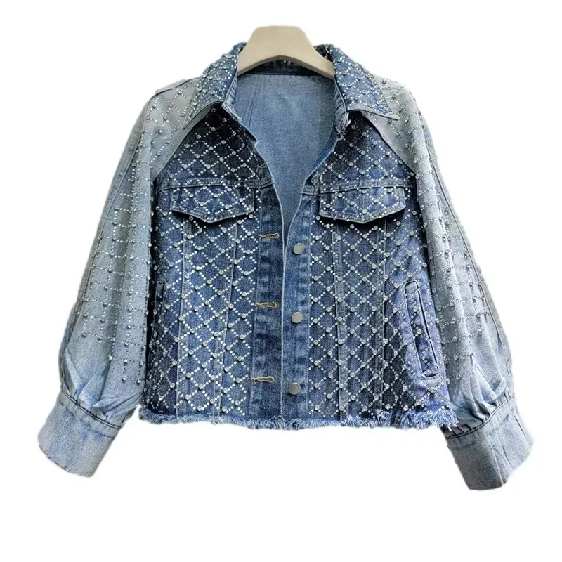 Beaded Diamond Contrast Color Patchwork Short Jeans Jacket Frayed Burrs Hem Lapel Long Sleeve Women Casual Korean Denim Jacket