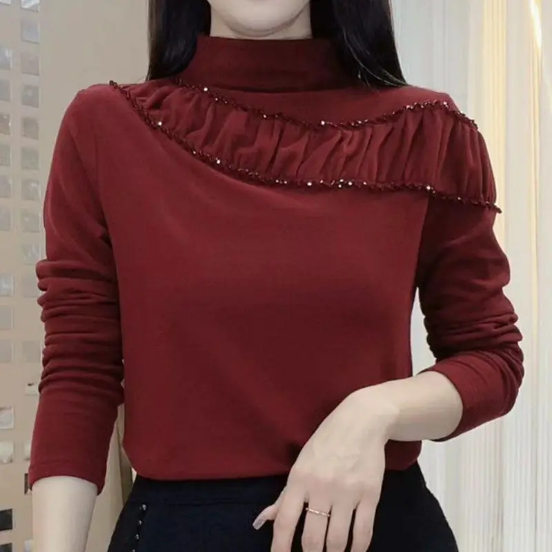 

Autumn and Winter Half-high Collar Solid Color Hollow Design Hot Diamond Long-sleeved Versatile Temperament Bottoming Shirt