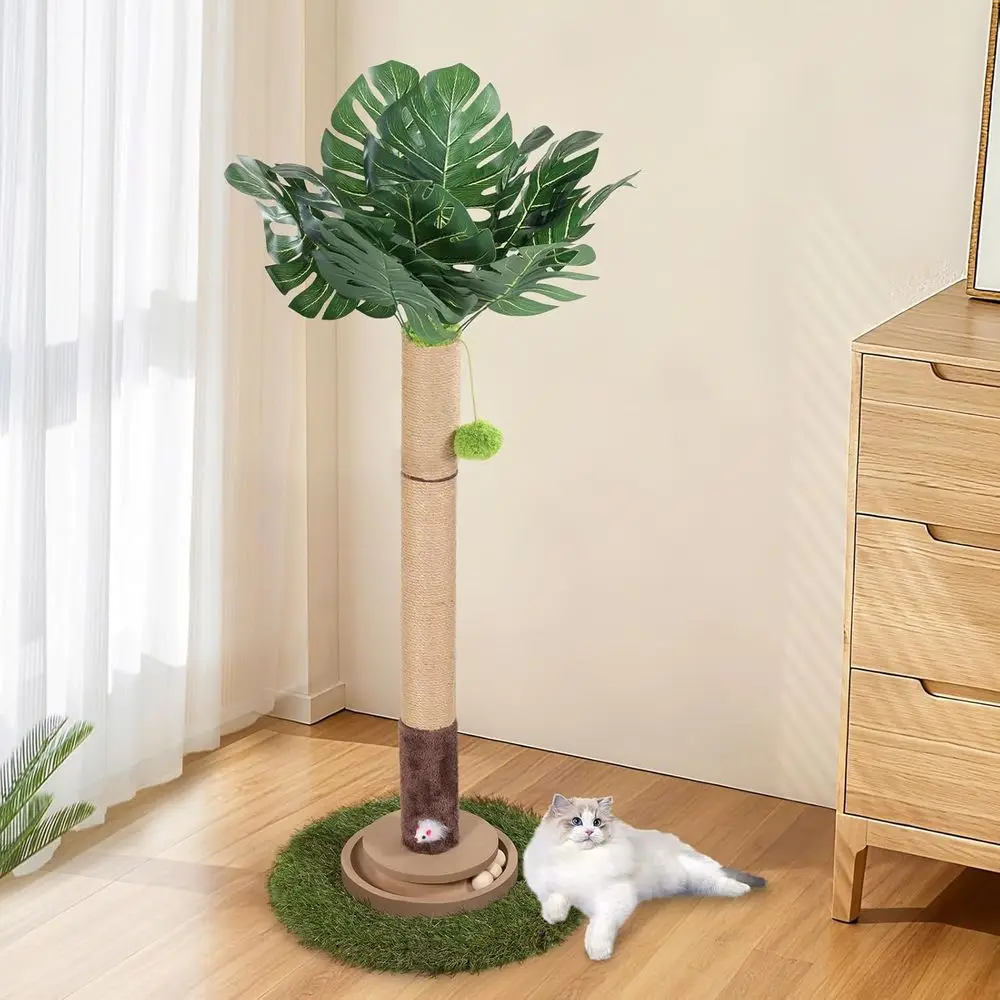 

35 Tall Sisal Cat Scratching Post with Hanging Ball and Interactive Mouse Toy for Indoor Cats