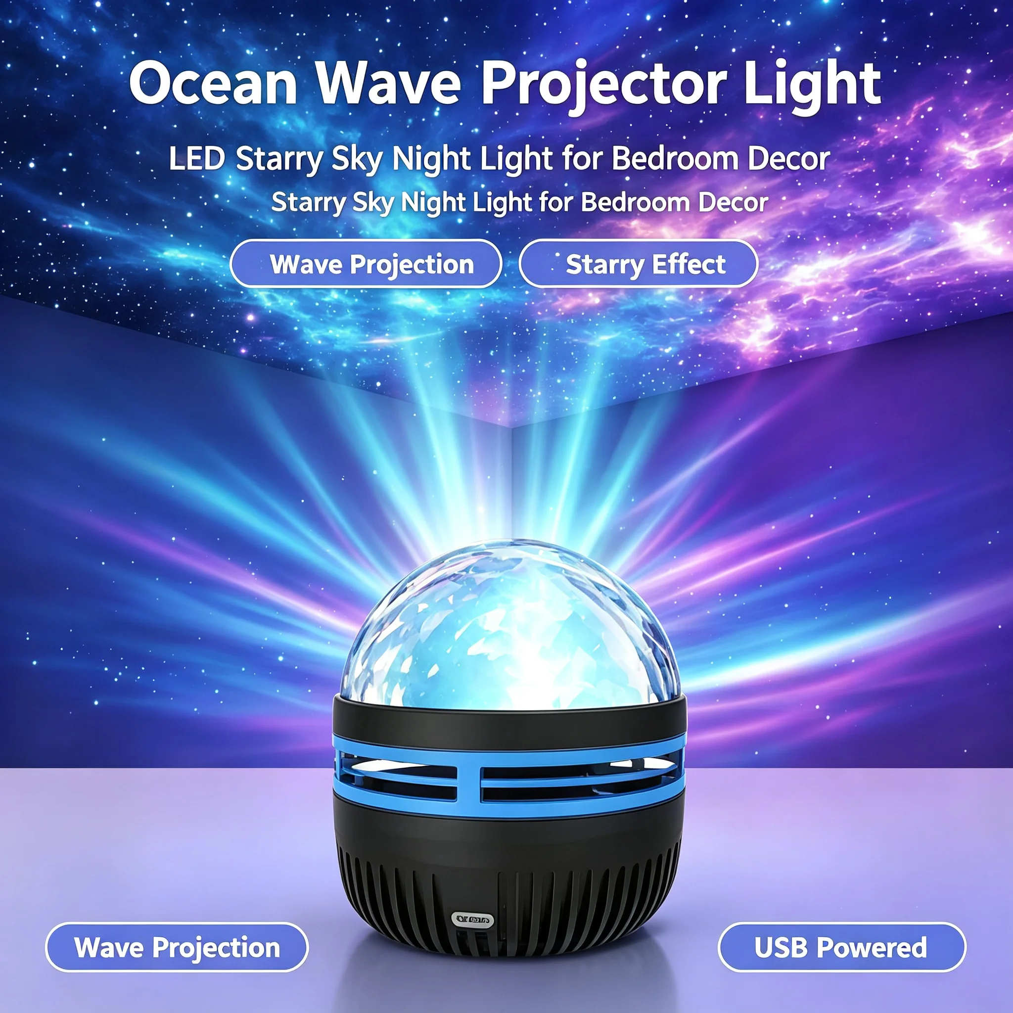 Aurora Star Projector Light, 360° Rotating Ocean Wave Nebula Projection Lamp, USB Powered RGB Color Changing Night Light for Bed