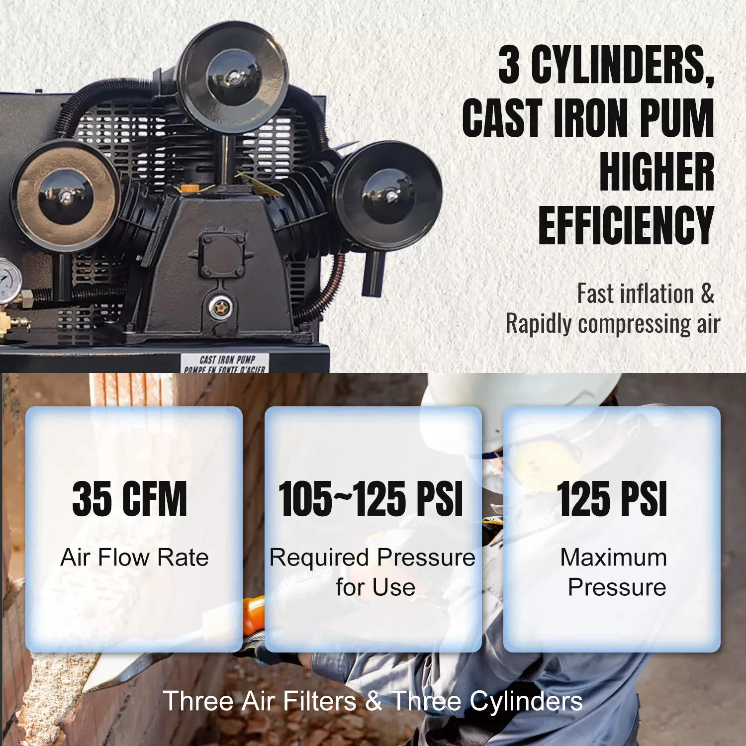 Gasoline Driven Air Compressor 13HP 43.5 CFM 115 PSI with 30-Gallon Horizontal ASME Tank Electric Start Piston Pump