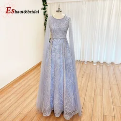 Luxury Dubai Sky Blue Arabic Lace Evening Prom Dress with Cape Sleeves 2024 Aline Formal Wedding Party Gown for Women Customized