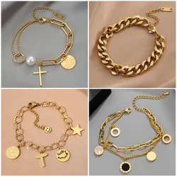 DIEYURO-pulsera de acero inoxidable 316L para mujer, brazalete con dijes de Cruz multicapa, Color dorado, corazón de calle Punk, regalo de joyería