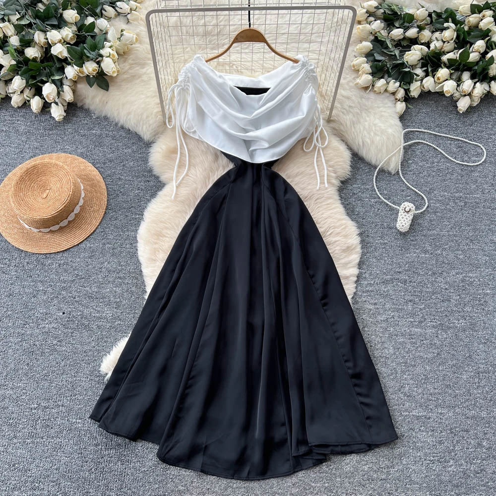 Robe d'été rétro élégante et décontractée, sans manches, en satin épissé, taille haute, fée core, vêtements pour femmes, automne