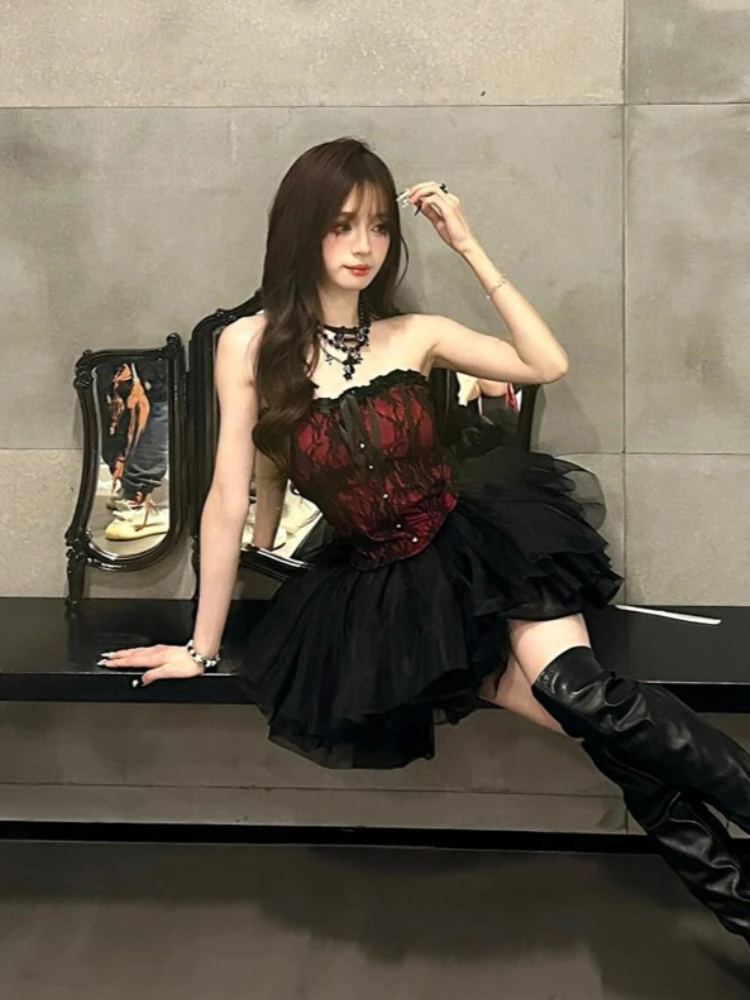 Ensemble 2 pièces rétro Sexy pour fille épicée, haut sans bretelles + jupes bouffantes, mode gothique Y2k, tenues de fête douces, Harajuku, nouvelle collection