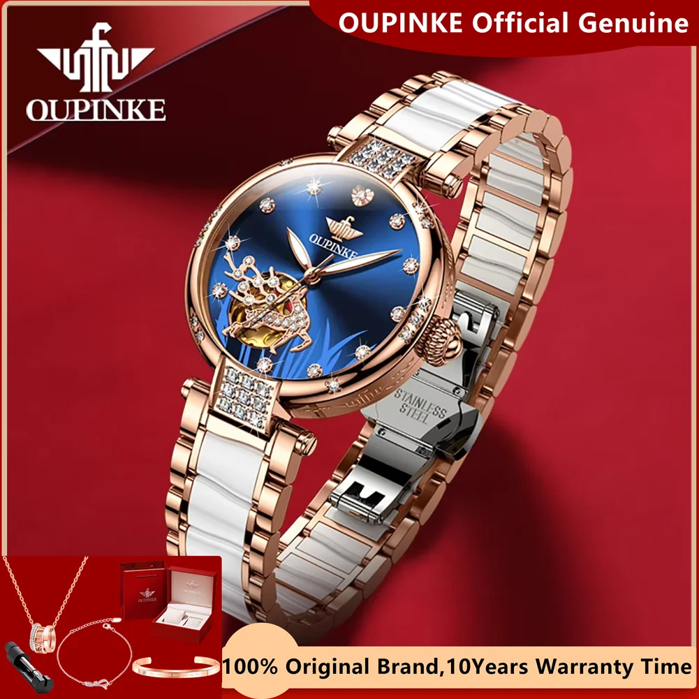 OUPINKE Luxury Women's Watches Brand Original Automatic Mechanical Wristwatch Diamond Hollow Deer Design Fashion Ladies Watch