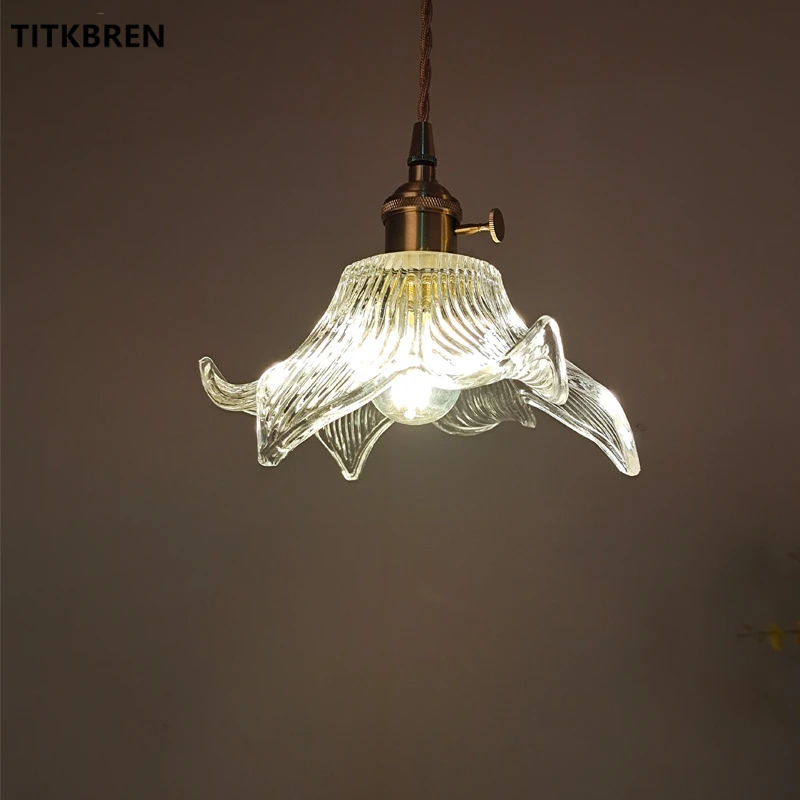 Modern Lily Flowers Clear Glass Lampshade Pendant Light With Copper Switch Bedroom Beside Dinning Room Suspension Small Fixture