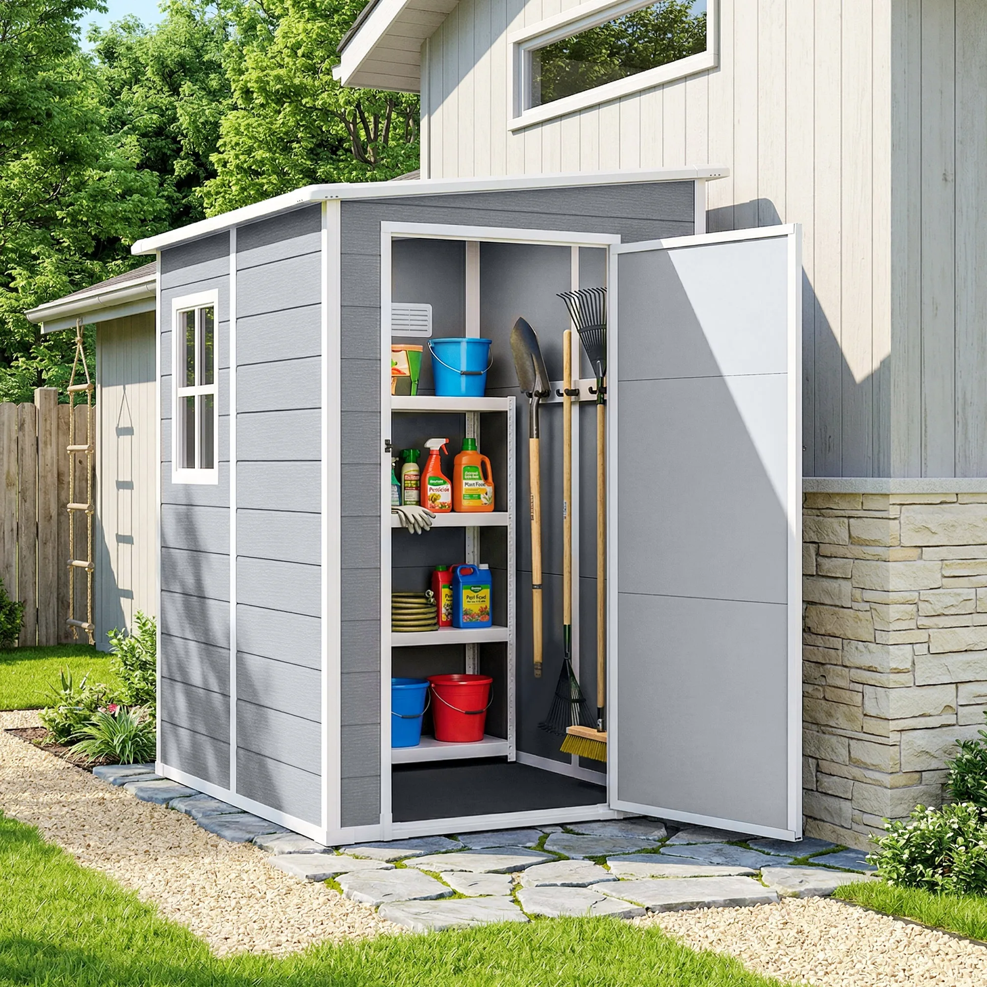 Outsunny 4x5FT Plastic Garden Shed, Lockable Tool Storage House Lean to Shed with Vent