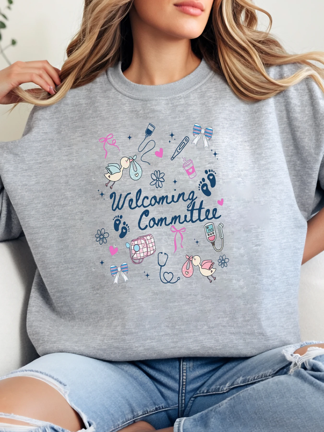 

Welcoming Committee Baby Shower Толстовка с круглым вырезом и принтом Женский повседневный топ для беременных больших размеров