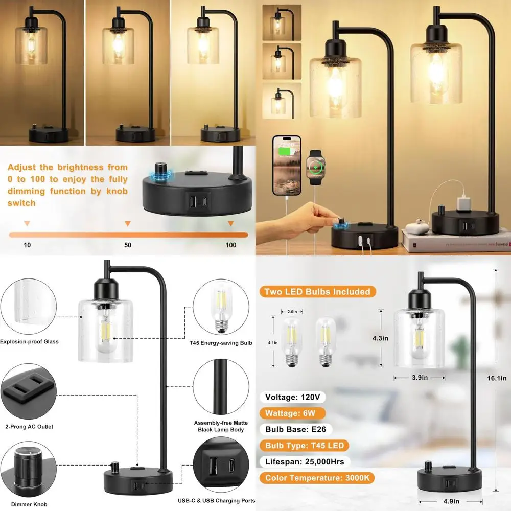 

Пара регулируемых настольных ламп для спальни с USB-портами, стеклянными плафонами и розетками для гостиных и офисов