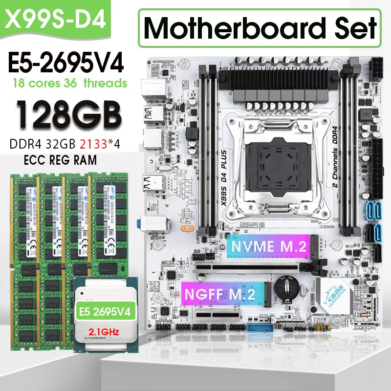 JINGSHA X99 D4 Motherboard gaming Set with E5 2695 V4 CPU And 128GB(4*32G) DDR4 2133 Hertz RECC Memory   xeon X99 Kit