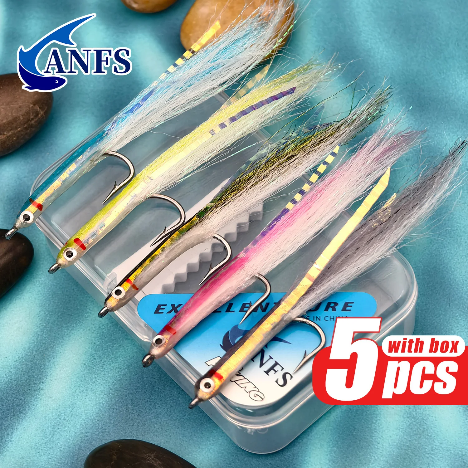 ANFS 5pcs Freshwater Saltwater Fly Fishing Sand Eel /Sandeel Surf Candy,Stainless Hooks, Sea Trout Fly, Cool Fly Lure for Angler