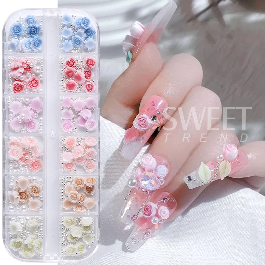 12 Grids Rose Flower Nail Charms Steel Beads Pearl Mixed Size Colorful Gradient Floral Nail Parts 3D Elegant Manicure Decoration