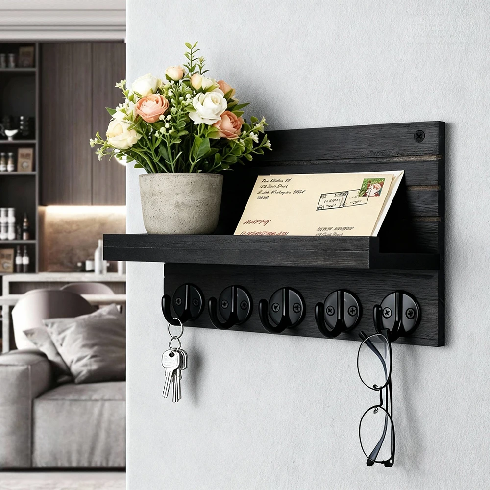 Decorative Key and Mail Holder with Shelf Wall Mounted Wooden Rack with 5 Hooks Hanging Bags Coats Umbrella for Entryway