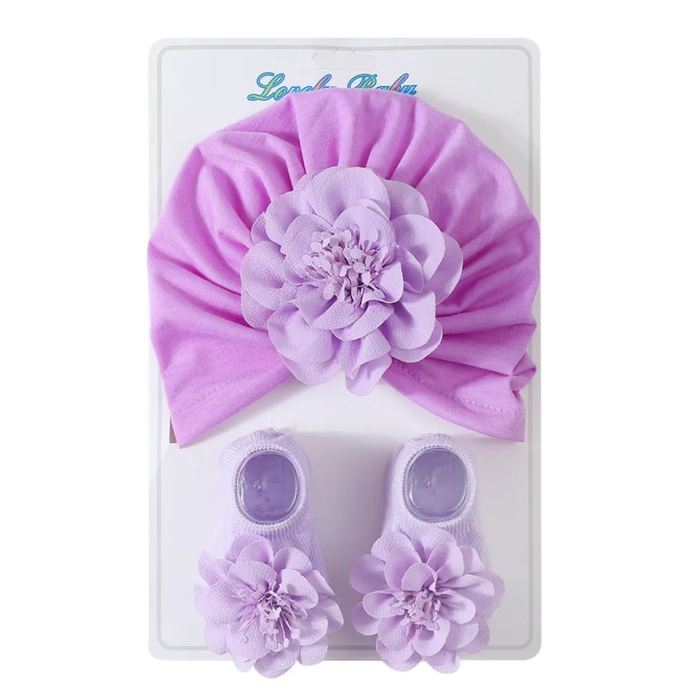 

2Pcs/set Spring Summer Flower Baby Cap Socks Set Cute Floral Elastic Turban Hat Thin Cotton Infant Caps for Newborn Girls