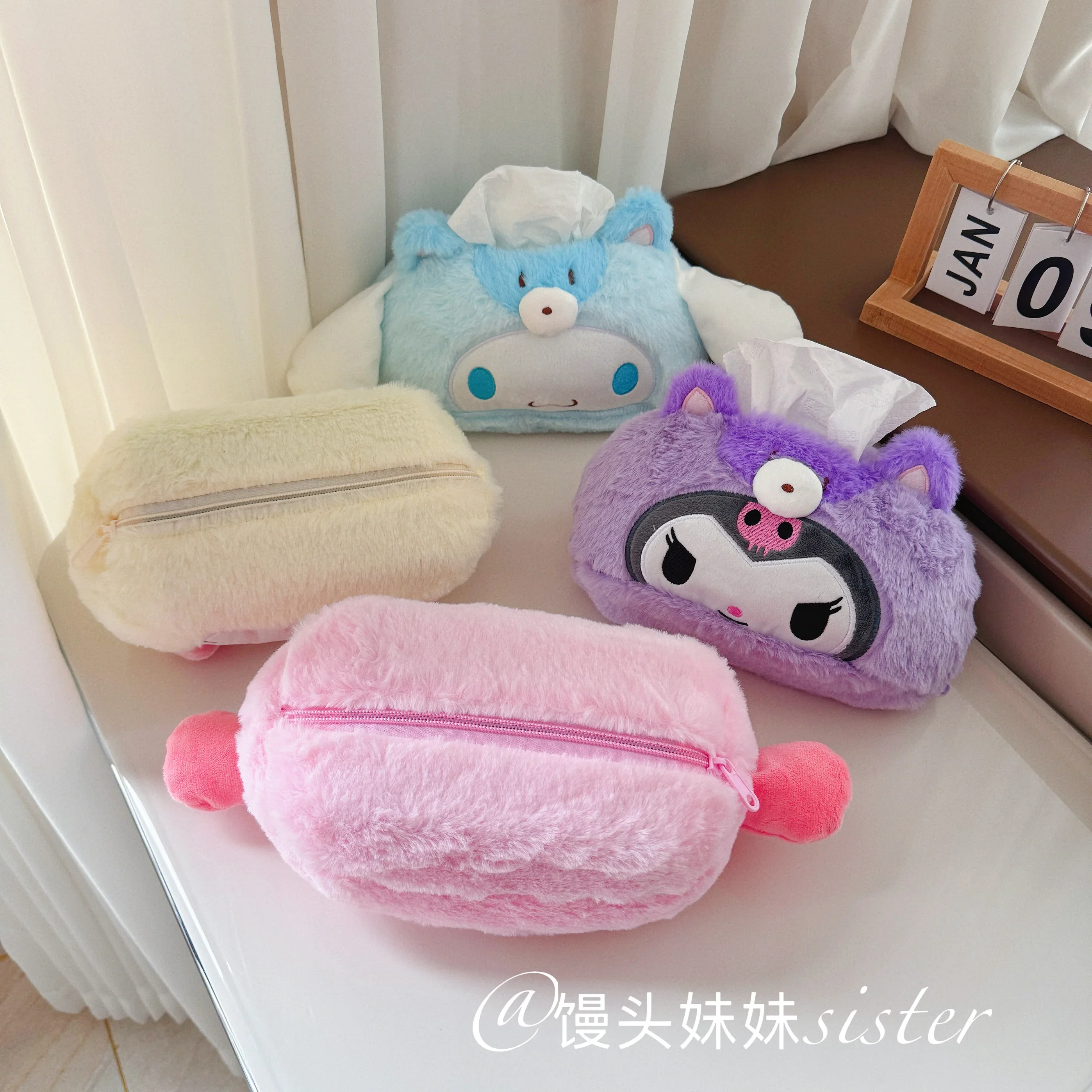 Sanrio caixa de tecido de pelúcia cinnamoroll minha melodia casa criativa capa de tecido de pelúcia kawaii kuromi olá kitty gaveta de papel presente da menina