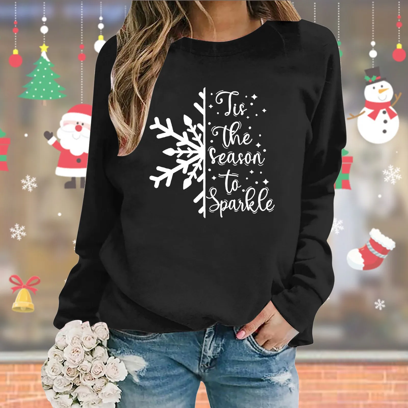 Novelty Letter Snowflake Combine Print Women Sweatshirts Autumn Fashion Long Sleeve O-Neck Xmas Clothes Christmas Pullover Tops