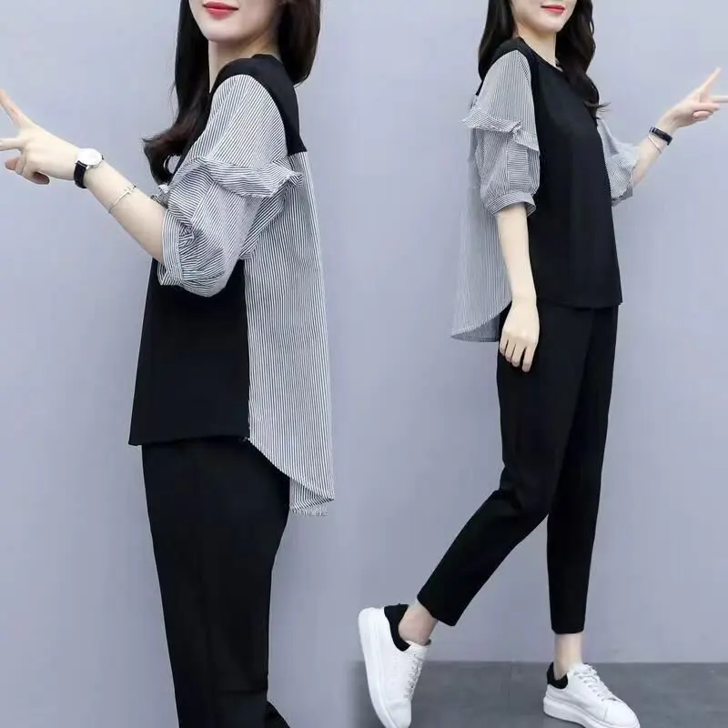 

plus Size Women's Casual Loose Stripe Maternity Two-Piece Set Summer 2026 Comfortable Slimming Nine-Piece Pants Cover-Up