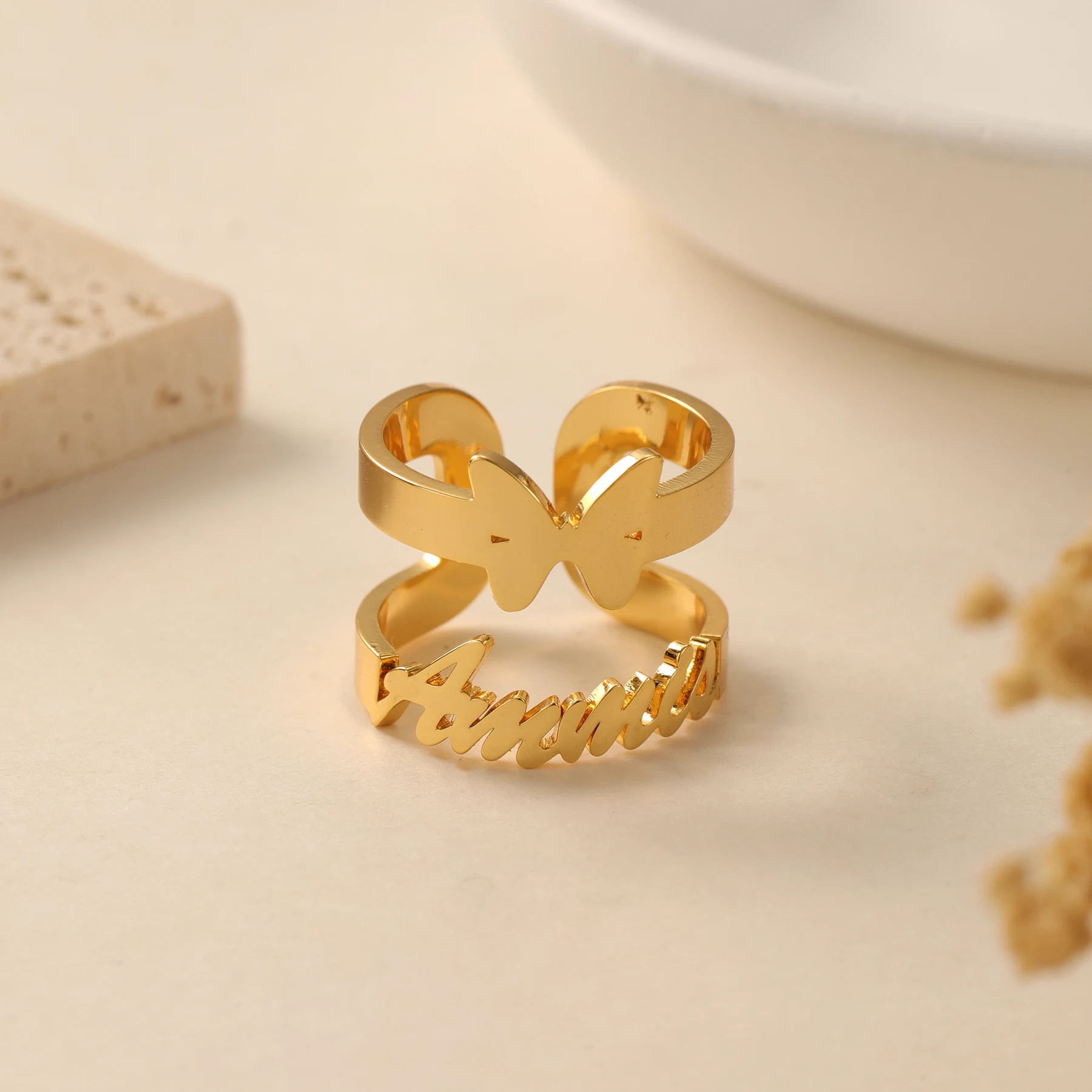 Butterfly Name Ring Custom Double Layer Ring Script Initial Adjustable Open Band Gold Plated Dainty Personalized Gift for Women