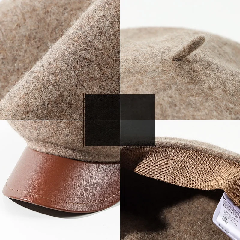 Autumn/Winter Colour-Block Octagonal Beret for Women Retro Socialite Style - Versatile Beret with Leather Brim British-Style Hat