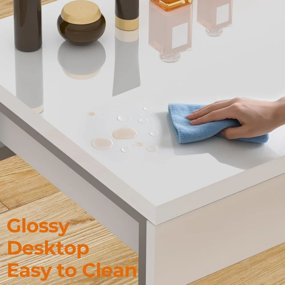 مكتب زينة GreenForest باللون الأبيض اللامع بدرجين لغرفة النوم والمكياج، مكتب منزلي مدمج ومساحة تخزين