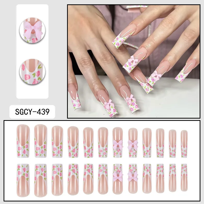 

24 New Summer Long Coffins with French Patterns Flowers Butterfly Dots Diamond Shiny Fake Nails Press On Nails