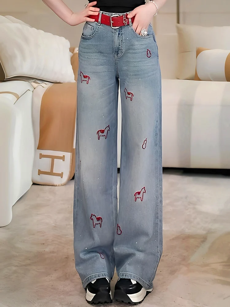 

Светло-голубые джинсы прямого кроя с вышивкой, женские, весна-осень, маленький размер, широкие длинные брюки, повседневные, с высокой талией, из смесового хлопка